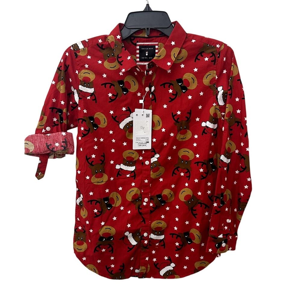Cactus Boys Red Reindeer Roll Tab Button Down Shirt 11/12 NWT